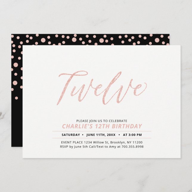 Rose Gold Modern Lettering 12th Birthday Party Invitation (Front/Back)