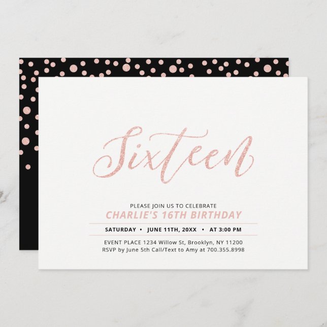Rose Gold Modern Lettering 16th Birthday Party Invitation (Front/Back)