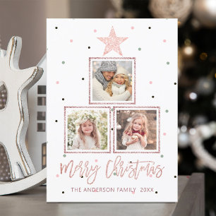 Rose Gold Modern Merry Christmas 3 Photo Holiday Card
