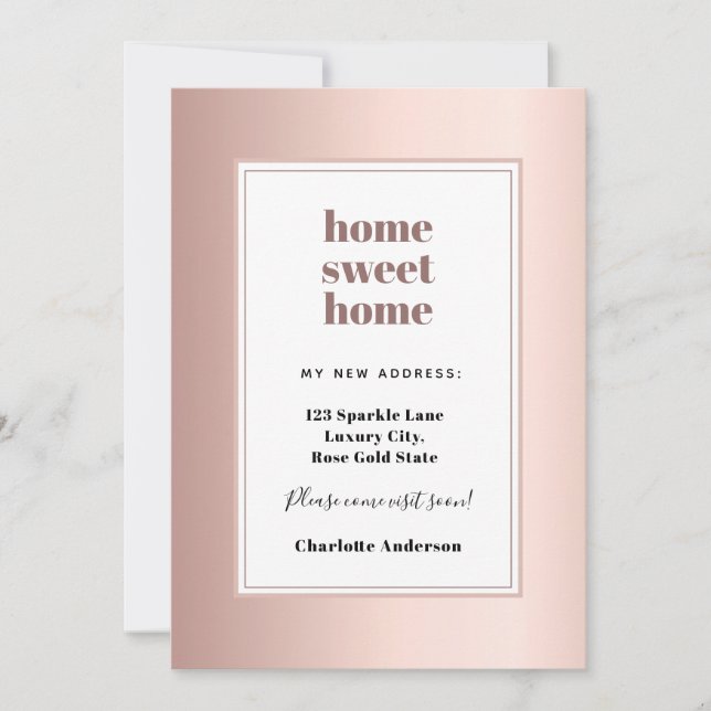 Rose gold modern minimalist home sweet home moving announcement (Front)