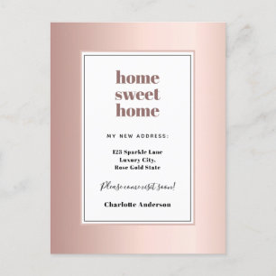 Rose gold modern minimalist home sweet home moving announcement postcard