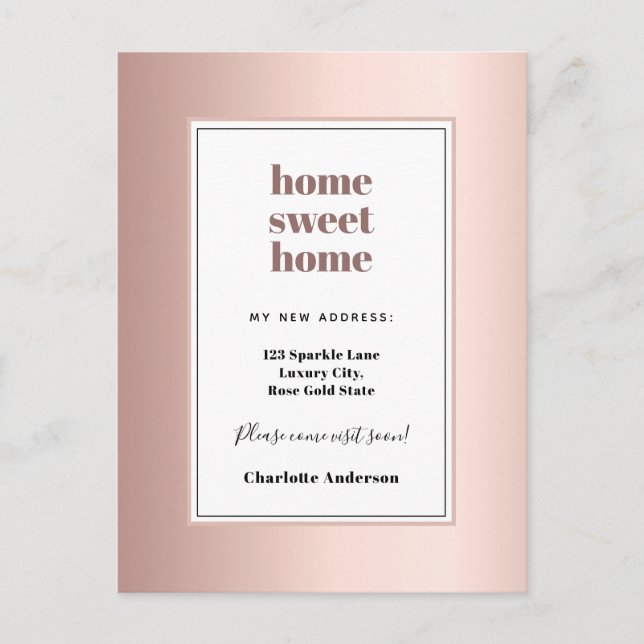 Rose gold modern minimalist home sweet home moving announcement postcard (Front)