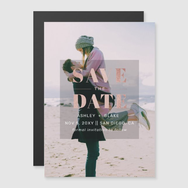 Rose Gold Modern Minimalist Photo Save the Date Magnetic Invitation (Front/Back)