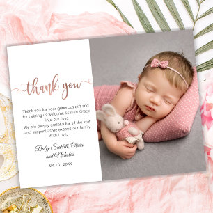 Rose Gold Modern Script Baby Photo Thank You Postcard