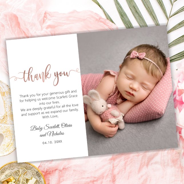 Rose Gold Modern Script Baby Photo Thank You Postcard (Creator Uploaded)