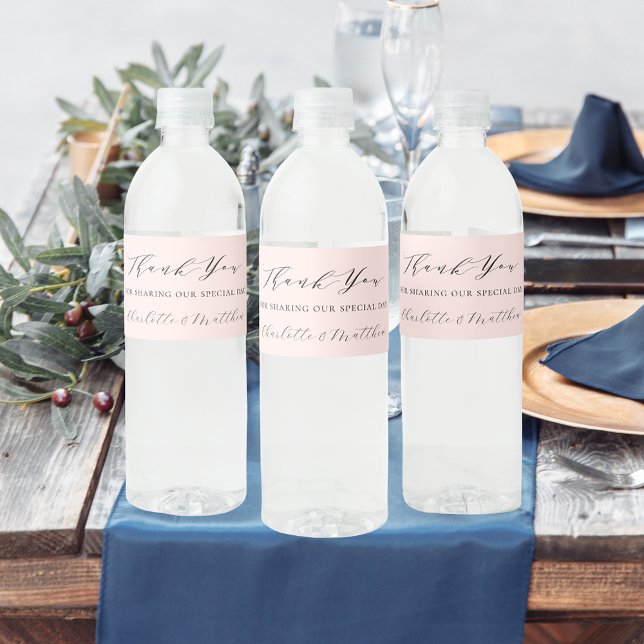 Rose gold modern script wedding thank you water bottle label (Creator Uploaded)