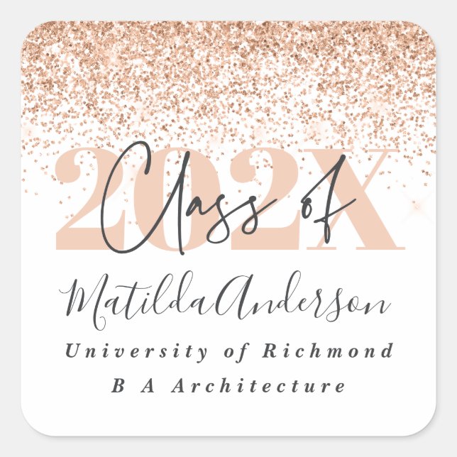 Rose gold modern stylish glitter graduation square sticker (Front)