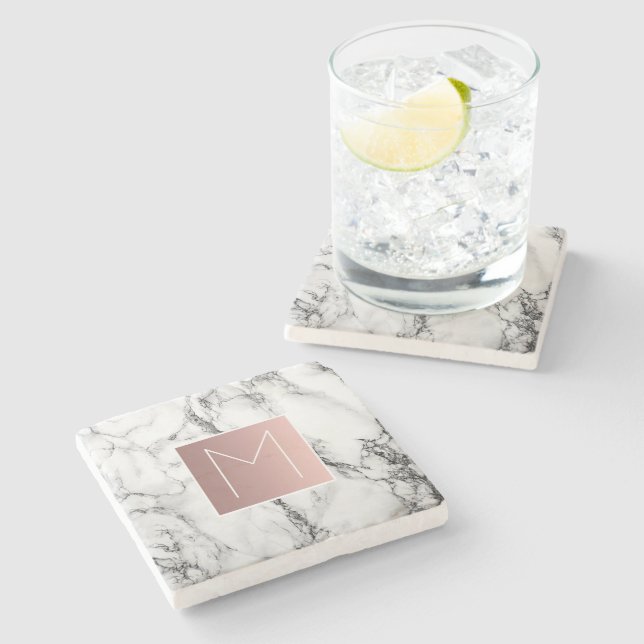 rose gold monogram black and white marble stone coaster (Side)