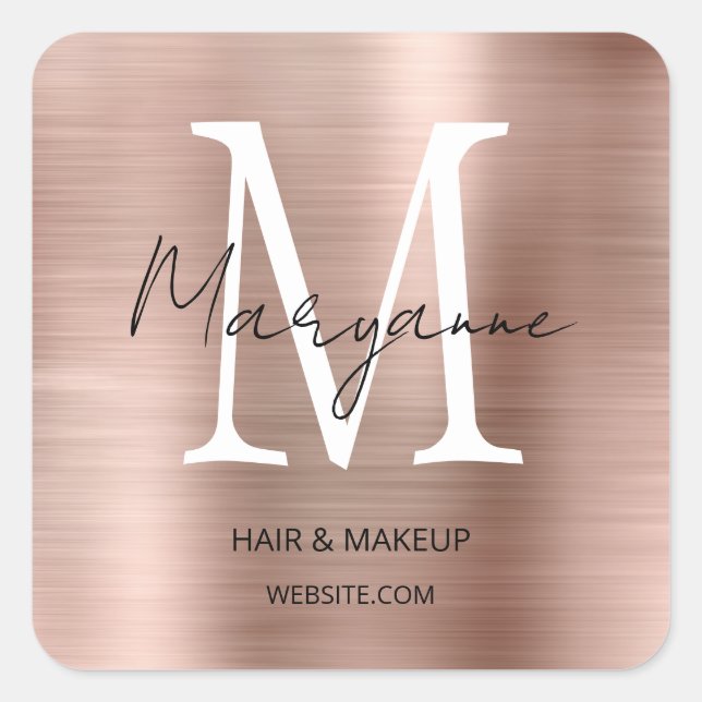 Rose Gold Monogram Business Logo Square Sticker (Front)