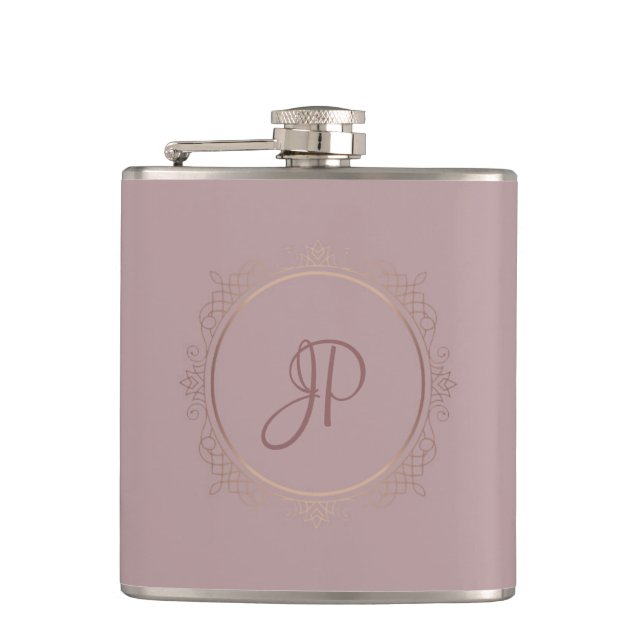 Rose Gold Monogram Elegant Custom Template Hip Flask (Front)