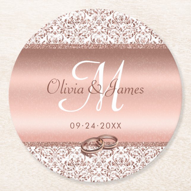 Rose Gold Monogram Elegant Wedding  Round Paper Coaster (Front)