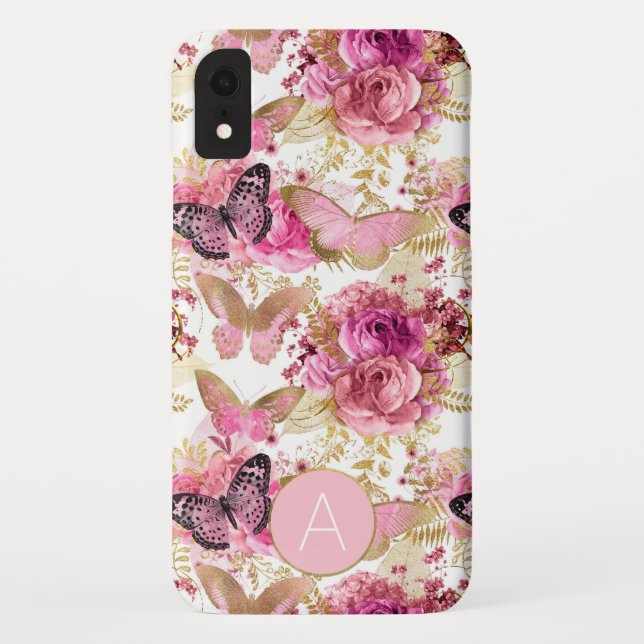 Rose Gold Monogram Floral Butterfly Pattern Case-Mate iPhone Case (Back)