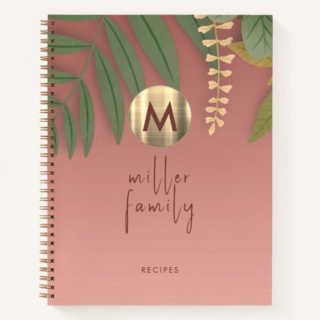 Rose Gold Monogram Greenery Family Recipe Book (Front)