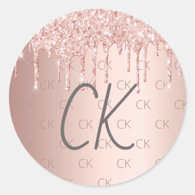 Rose gold monogram initials glitter drips classic round sticker (Front)