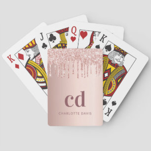 Rose gold monogram initials glitter drips playing cards