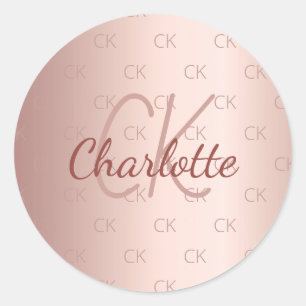 Rose gold monogram initials name classic round sticker