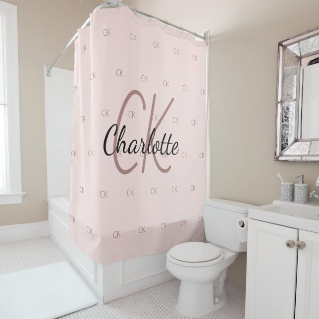 Rose gold monogram initials name shower curtain (In Situ)