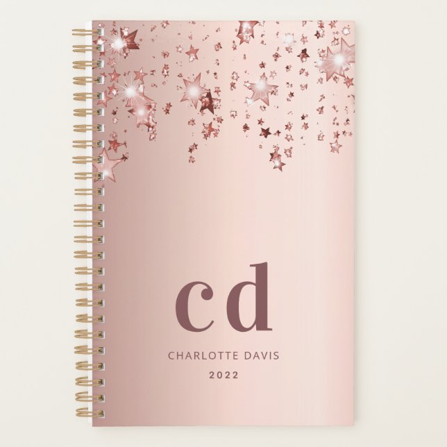 Rose gold monogram initials stars  planner (Front)