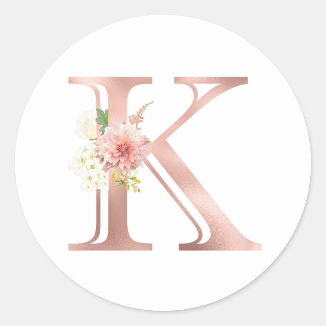 Rose Gold Monogram Letter K Blush Pink Flower Foil Classic Round Sticker (Front)