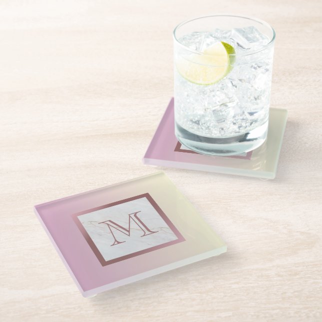 Rose Gold Monogram Marble Purple Ombre Glass Coaster (Angled)