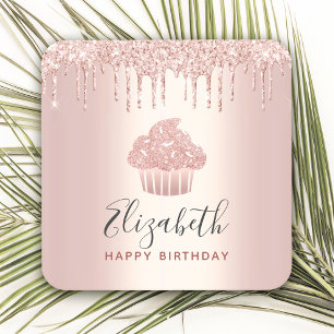 Rose gold monogram name cupcake glitter drips glam square paper coaster