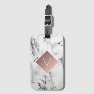 rose gold monogram on black white marble stone luggage tag