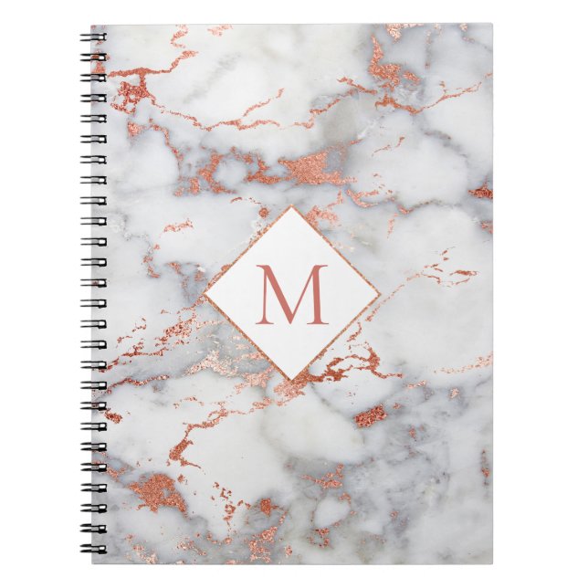 rose gold monogram on marble texture spiral notebook (Front)
