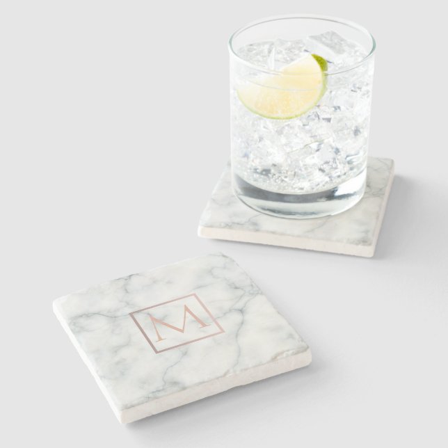 rose gold monogram on white marble stone coaster (Side)