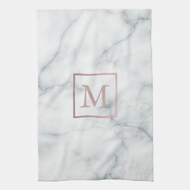 rose gold monogram on white marble tea towel (Vertical)