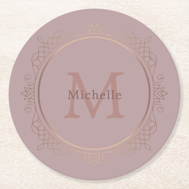 Rose Gold Monogram Personalised Elegant Template Round Paper Coaster (Front)