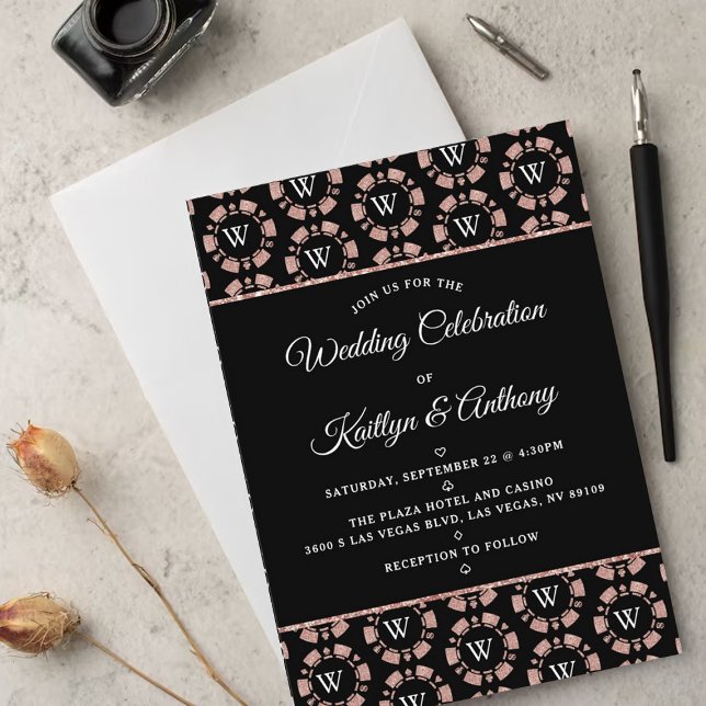 Rose Gold Monogram Poker Chip Casino Wedding Invitation (Creator Uploaded)