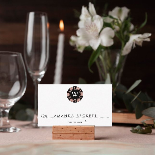 Rose Gold Monogram Poker Chip Casino Wedding Place Card (Creator Uploaded)