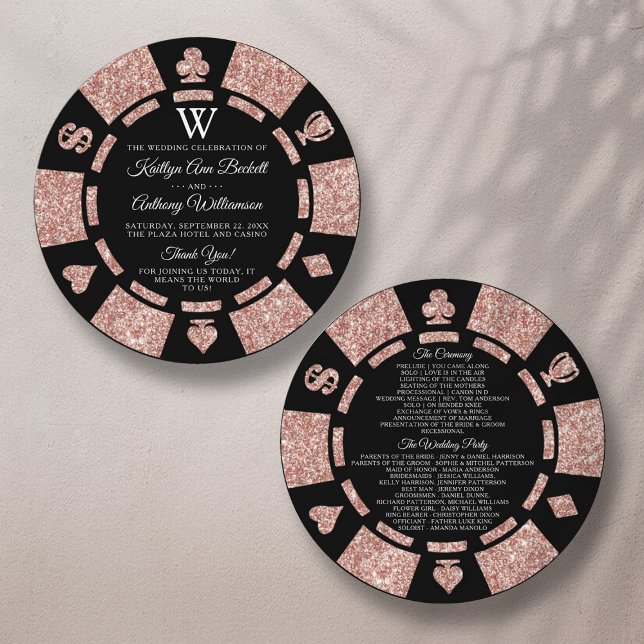 Rose Gold Monogram Poker Chip Casino Wedding Programme (Creator Uploaded)