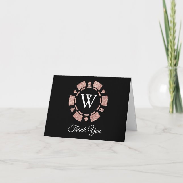 Rose Gold Monogram Poker Chip Casino Wedding Thank You Card (Front)