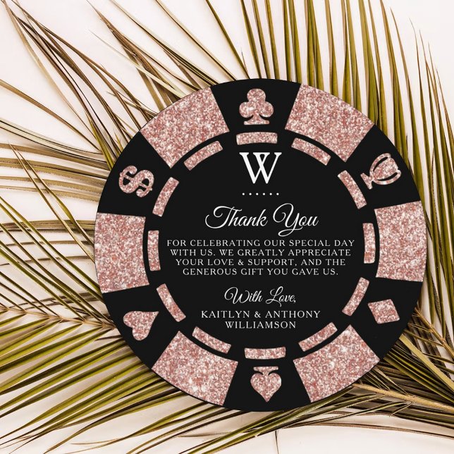 Rose Gold Monogram Poker Chip Casino Wedding Thank You Card (Creator Uploaded)