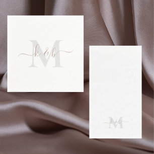 Rose Gold Monogram Swash Script White Cocktail  Napkin