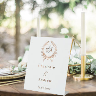 Rose gold monogram wreath wedding welcome pedestal sign