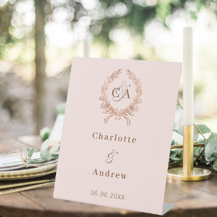 Rose gold monogram wreath wedding welcome pedestal sign