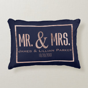 Rose Gold Mr. and Mrs. Navy Blue Monogram Wedding Decorative Cushion