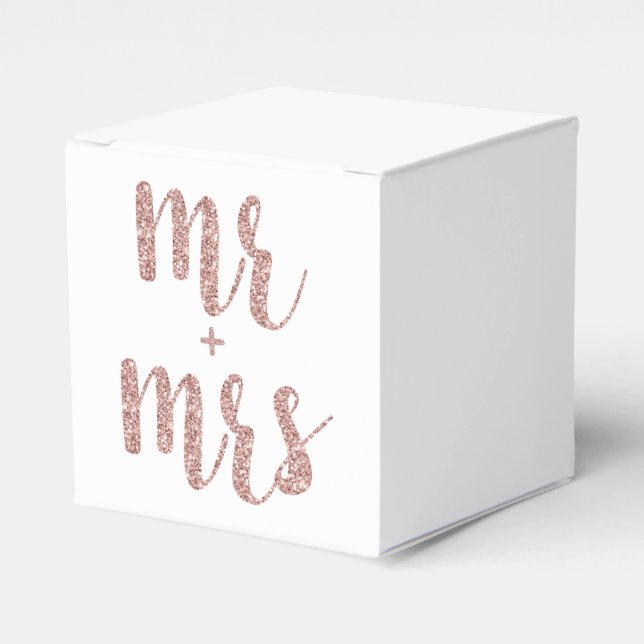 Rose gold Mr. & Mrs. favour boxes, glitter font Favour Box (Front Side)