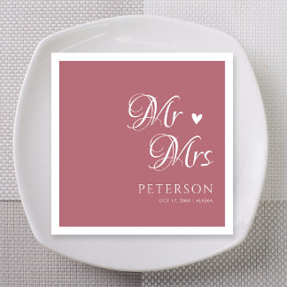 Rose Gold Mr & Mrs Heart Wedding Custom Napkin