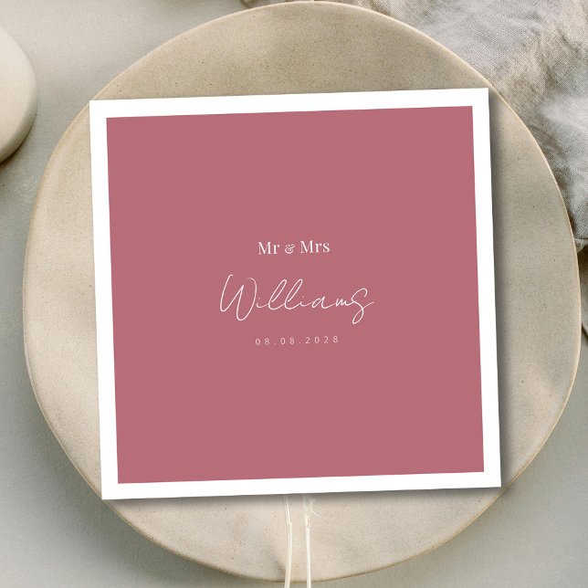 Rose Gold Mr & Mrs Wedding Custom Names Napkin (Minimalist Chic: White Lettering Rose Gold Wedding Napkins)