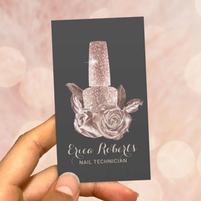 Rose Gold Nail Polish Bottle & Flowers Manicurist Business Card (Creator Uploaded)