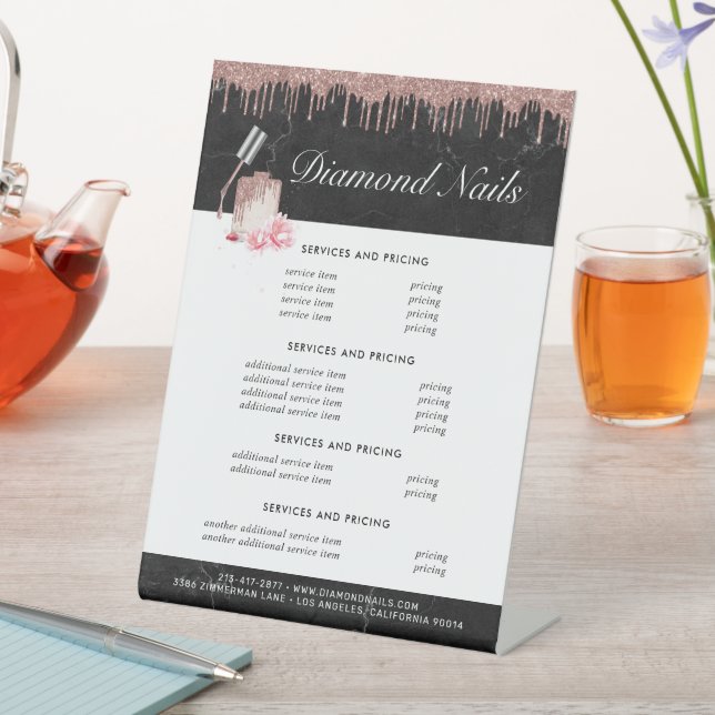 Rose Gold Nail Salon | Menu Price List Pedestal Sign (In SItu)