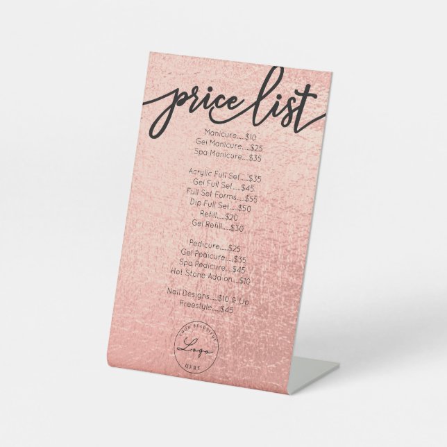 Rose Gold Nail Salon Price List Services  Menu Pedestal Sign (Front)