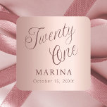 Rose gold name script 21st birthday square sticker<br><div class="desc">Rose gold gradient background. Fifty written with a dark rose gold script.  Personalise and add a name and date.</div>