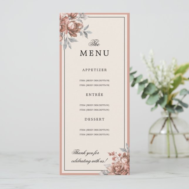 Rose Gold Natural Rustic Floral Wedding Menu  Invitation (Standing Front)