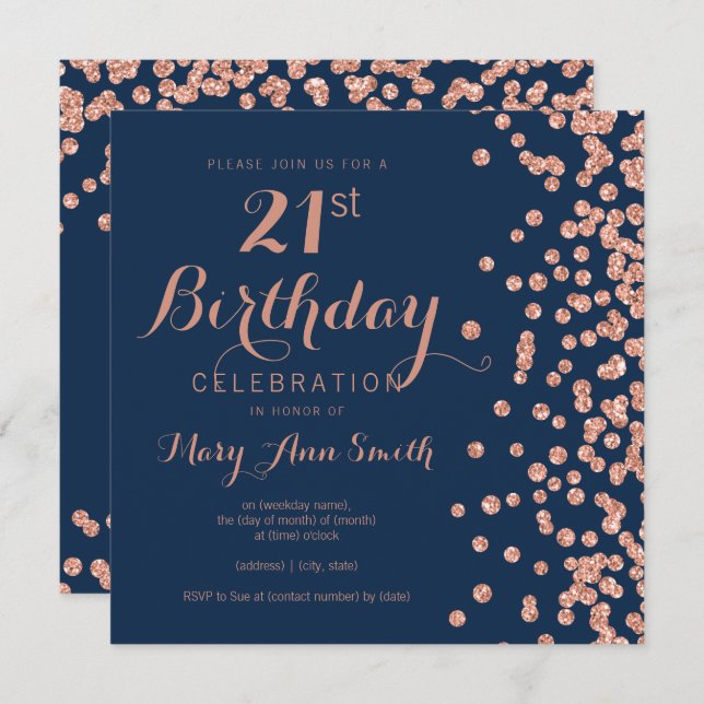Rose Gold Navy 21st Birthday Glitter Confetti Invitation (Front/Back)