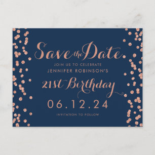 Rose Gold Navy 21st Birthday Save Date Confetti Announcement Postcard