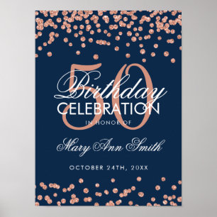 Rose Gold Navy 50th Birthday Glitter Confetti Poster